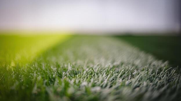 Green Soccer Field With a White Line on a Blurry Day on the Field photo