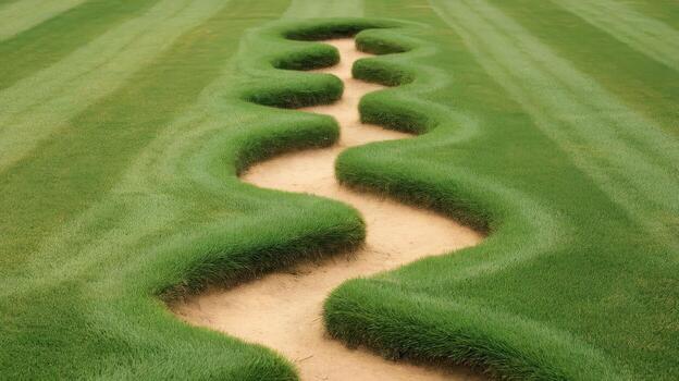 Winding Dirt Path Surrounded by Manicured Grass on a Sunny Afternoon photo