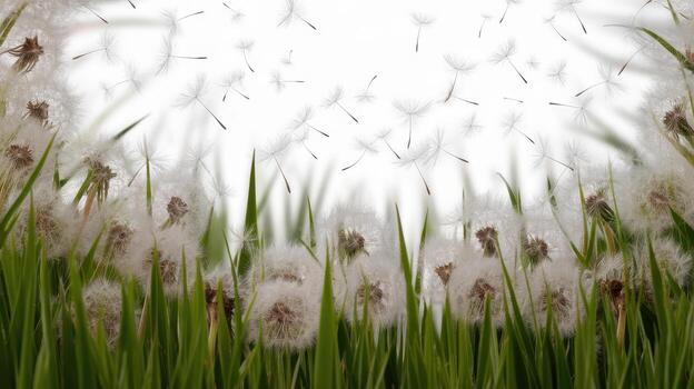 Dandelions in a Field With Seed Dispersal in the Air on a Bright Summer Day photo
