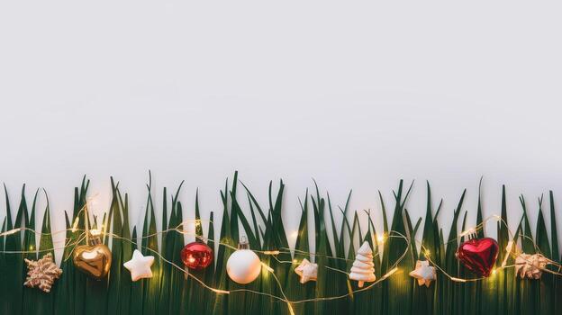Festive Decorations on Grass With String Lights Against White Backdrop photo