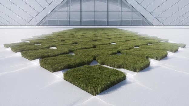 Green Grass Squares Create a Path Near Modern Building in Daytime photo