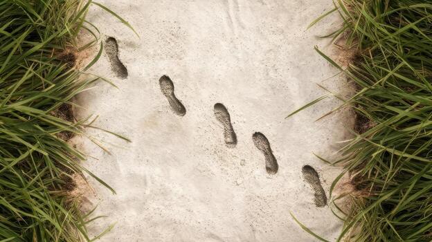 Footprints Crossing Sandy Ground With Grass on Both Sides of a Narrow Path photo