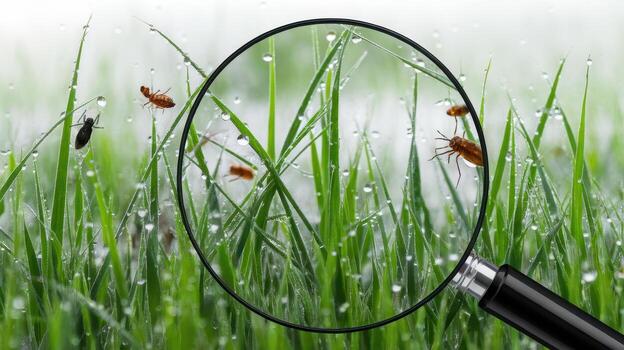 Tiny Insects on Wet Green Grass Being Observed With a Magnifying Glass photo