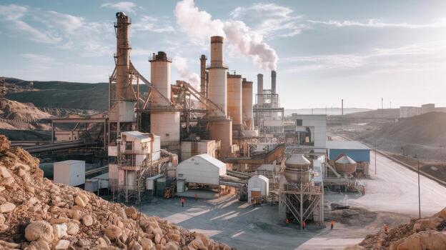 Industrial Complex Featuring Multiple Smokestacks Releasing Smoke Into the Sky on a Sunny Day photo