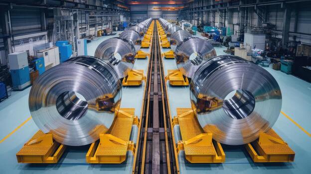 Large Rolls of Finished Steel on Yellow Carts Lined up in Factory photo