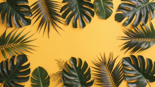 Tropical Green Leaves Create a Frame on a Sunny Yellow Background photo