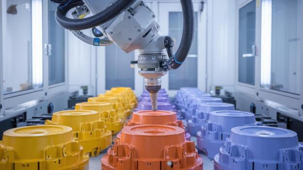 robótico brazo aplicando sellador a vistoso partes en un fábrica foto