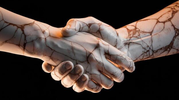 Marble Handshake Between Two Cracked Stone Hands Represents a Fragile Agreement photo