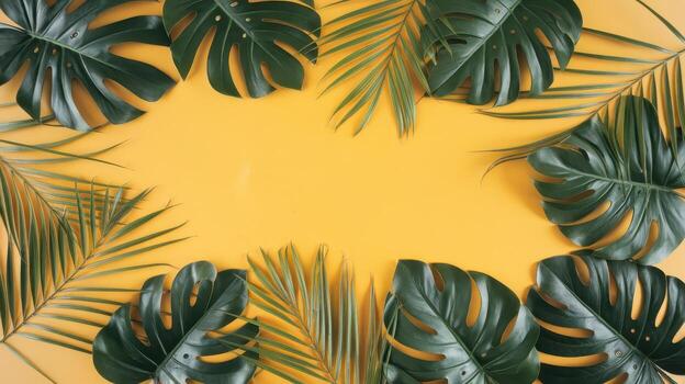 Tropical Leaves Border With Yellow Background Creating a Frame photo