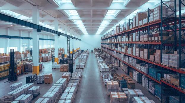 Inside of a Large Distribution Warehouse Full of Boxes and Pallets photo