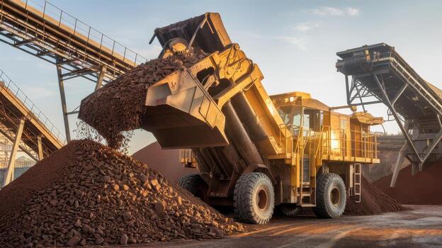 Large Mining Truck is Unloading Rock at an Outdoor Mining Location photo