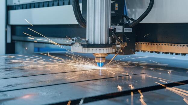 Laser Cutting Machine Precisely Cutting a Metal Sheet With Sparks Flying photo