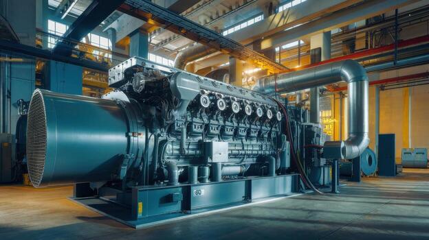 Large Industrial Engine Displayed in an Industrial Factory During the Day photo