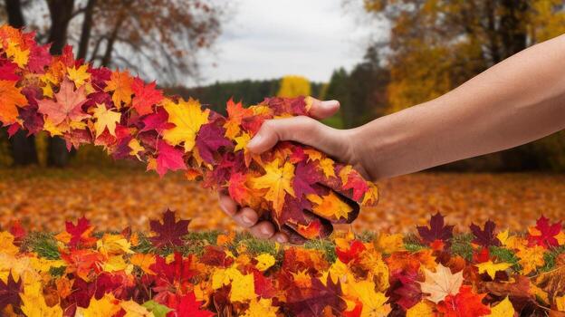 Handshake Between Two Arms Made of Colorful Autumn Leaves in a Fall Forest photo