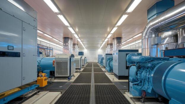 Inside Large Power Station With Multiple Blue Generators and Metal Piping at Daytime photo