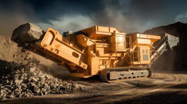 Rock Crushing Machine Processes Materials at a Quarry During Daytime photo