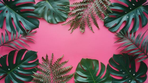 Tropical Leaves Frame on a Vibrant Pink Background Creating a Space for Text photo