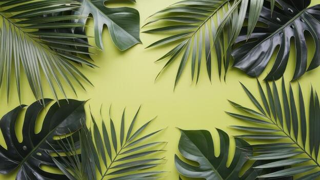 Tropical Leaves Arrangement on Light Green Background Creating a Frame for Text photo