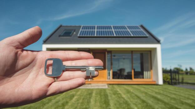 Holding House Key in Hand in Front of Newly Built Home on a Sunny Day photo