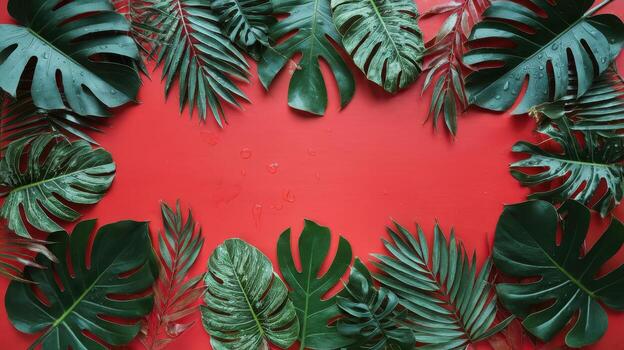 Tropical Leaves Create a Border on a Vibrant Red Background photo
