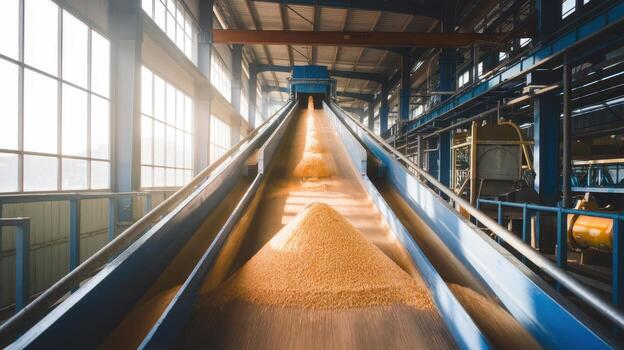 Grains Move Along a Conveyor Belt at a Factory on a Sunny Day photo