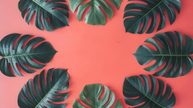 Tropical Monstera Leaves Arranged in a Circle on a Vivid, Bright Red Background photo