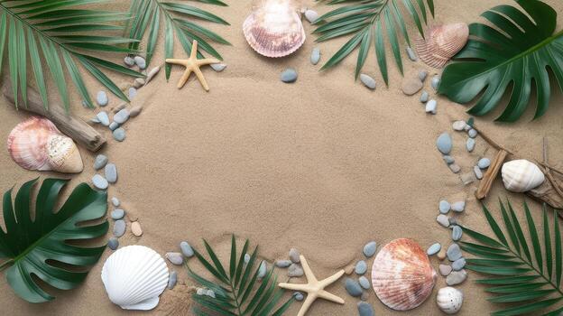 Tropical Beach Layout With Sand, Seashells, Starfish and Green Leaves Creating a Frame photo