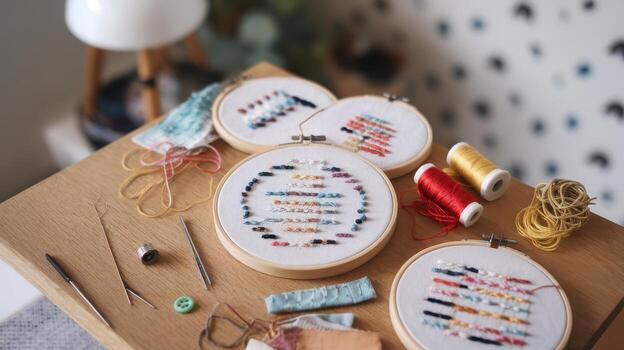 Embroidery Projects and Colorful Thread Displayed on a Table photo