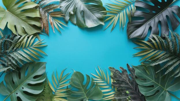 tropical hojas y helechos frontera brillante azul antecedentes con abierto espacio para texto foto