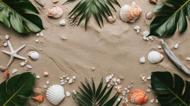 Tropical Beach Background With Shells, Palm Leaves and Starfish on Sand photo