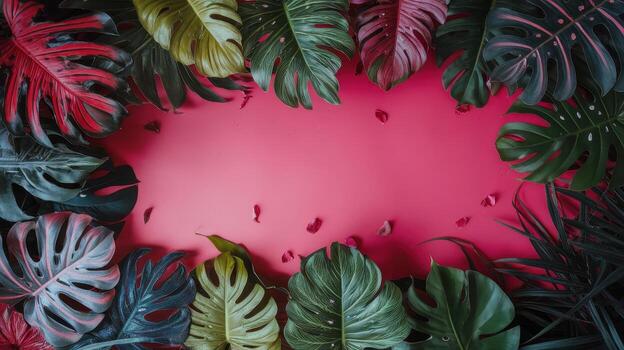 Exotic Monstera Leaves and Petals Create a Colorful Border on a Pink Background photo