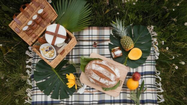 Picnic Basket and Fresh Food on a Blanket in a Grassy Field photo