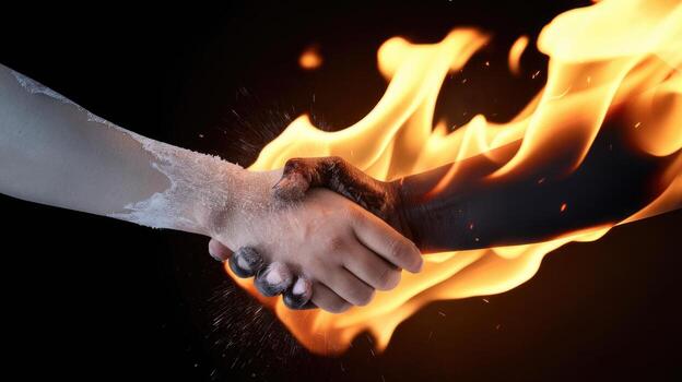 Shaking Hands Between Two People, One is Frost While the Other is Fire Against a Black Background photo