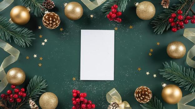 Green Christmas Background With Ornaments and Blank Card on Top photo