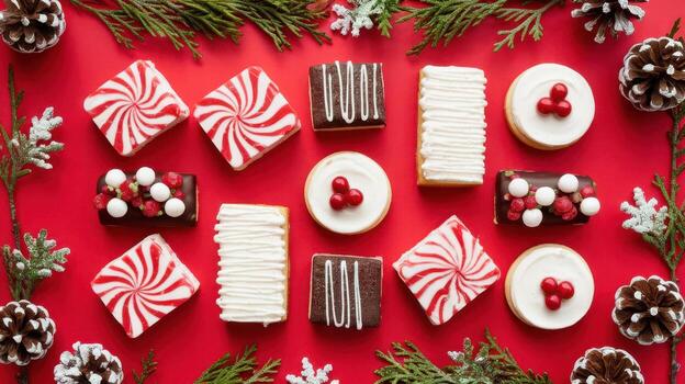fiesta galletas y pino conos arreglado en un rojo antecedentes foto