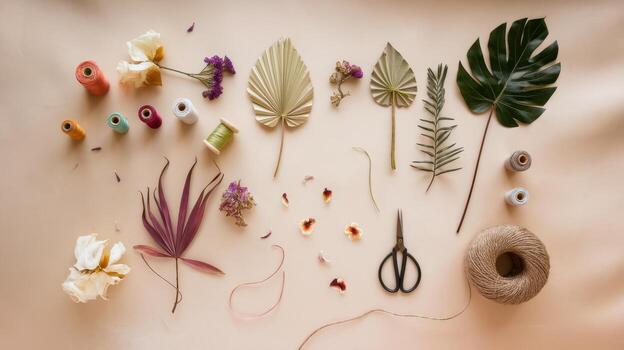Preparing Dried Flowers and Leaves for a Craft Project on a Table photo