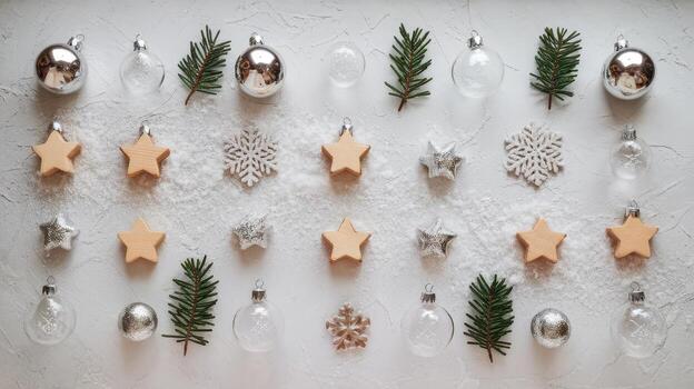 Flat Lay Arrangement of Festive Ornaments and Pine Sprigs on White Snowy Background photo