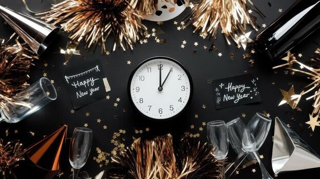 New Year Celebration With Decorations and an Analog Clock Showing Midnight photo