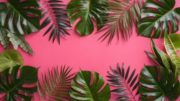 Lush Green Leaves Arranged on Bright Pink Background Creating Frame photo