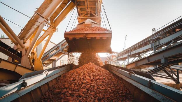 cargando rojizo marrón rocas dentro un ferrocarril coche a un cantera foto