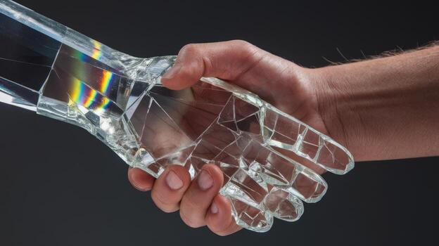 apretón de manos con un roto vaso mano en contra un oscuro gris antecedentes representando fragilidad foto