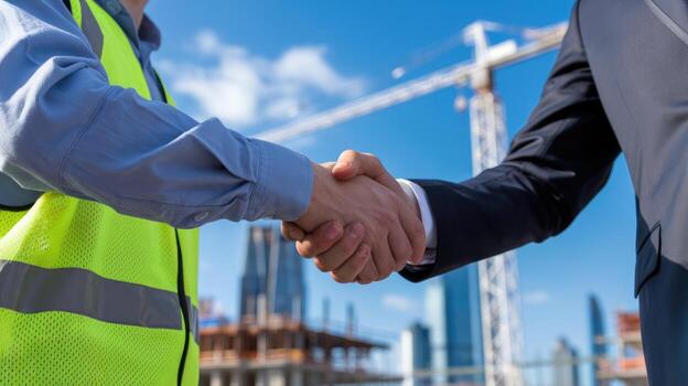 Construction Worker and Businessman Shaking Hands at a Building Site photo
