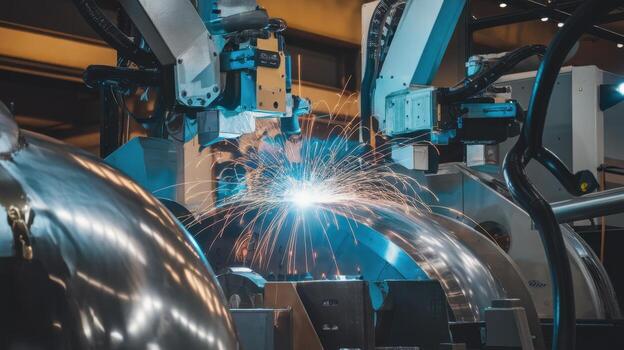 Robot Arm Welding Metal in a Factory Creating Bright Sparks During Production photo