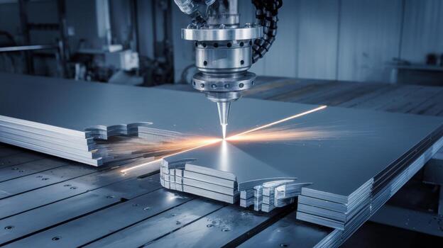 Laser Cutting Machine Precisely Works on Metal Sheets in a Factory photo