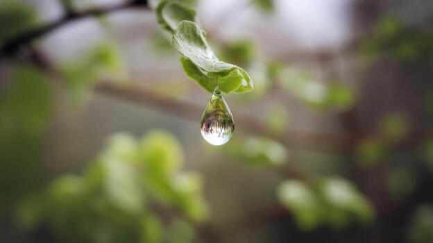 Water Droplet Hanging From a Leaf, Reflecting Trees in Early Spring photo