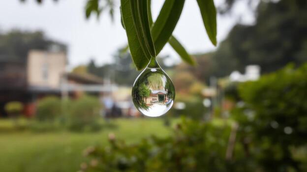 Water Droplet Hangs From a Green Leaf, Reflecting a Building and Garden in Afternoon Light photo