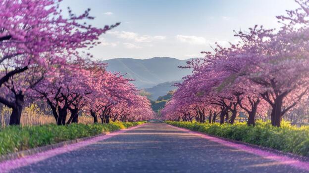 Road Through Row of Blooming Cherry Trees in Spring in Countryside of Japan photo