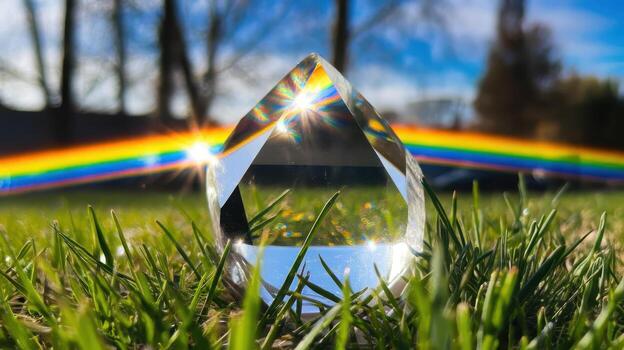 Crystal Prism Sits on Green Grass Creating Colorful Rainbow Light photo