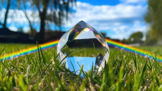 Crystal Prism Refracts Light Into a Rainbow on Green Grass photo
