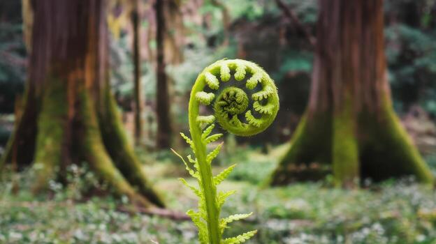 Forest Floor Fern Uncurling in a Lush Green Setting at Daytime photo